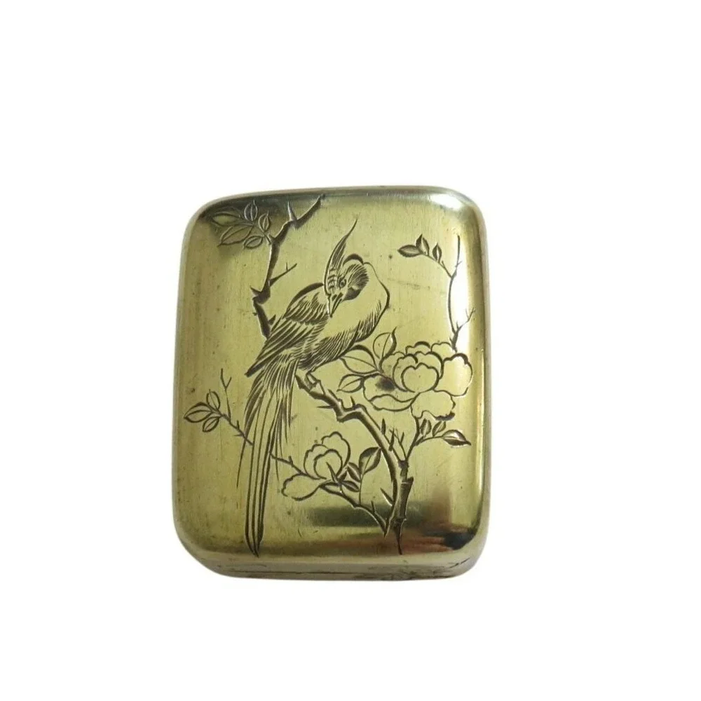 Vintage Asian‎ Brass Trinket Box Bird Flower Engraving Hinged Small Keepsake